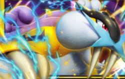 ライコウex　　　たね　HP130 雷タイプ　特性　でんせつのこどう　自分の番の終わりに、このポケモンがバトル場にいるなら、自分の山札を1枚引く。　　　　ボルテージバレット　60 相手のベンチポケモン1匹にも10ダメージ。